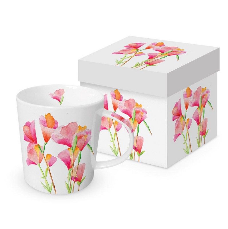 Tazza mug decorata con fiori rosa pastello, contenuta in scatola con decoro abbinato